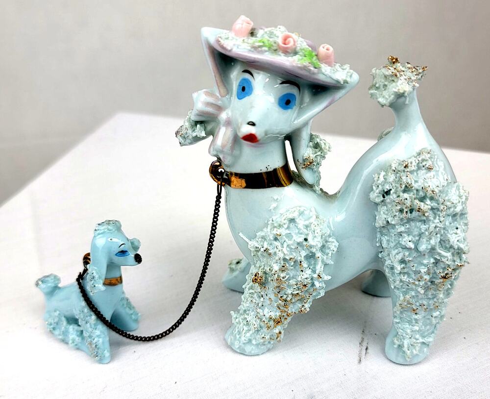 Vintage 1950s Blue Ceramic French Spaghetti Poodle & Pup on Chain Floral Bonnet